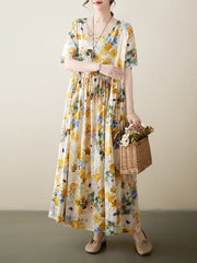 Floral Printed A-line Loose Round-neck Midi Dresses