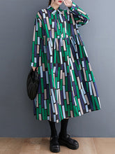 Casual Loose Long Sleeves Buttoned Contrast Color Printed Split-Joint Lapel Collar Midi Dresses