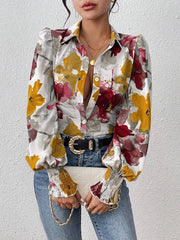Buttoned Elasticity Flower Print Pleated Long Sleeves Loose Lapel Blouses&Shirts Tops