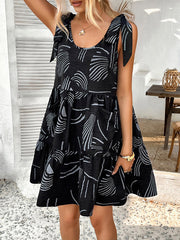 Contrast Color Pleated Pockets Printed Tied A-Line Loose Spaghetti-Neck Mini Dresses