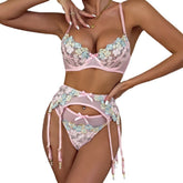 3 Piece Set Embroidered Flower See Through