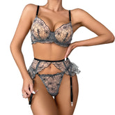 3 Piece Set Embroidered Ruffle Underwire See Through