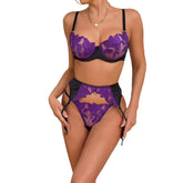 3 Piece Set Westerns Meshes See Through Contrast Color Splicing Embroidery Bra