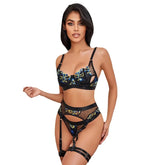 3 Pieces Embroidery See Through Mesh Belt Bra