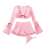3 Pieces Western Style Sheer See Through Uniform Skirt Mini Thong G String Summer Erotic Lingerie Set