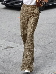 Leopard Printed Split-Joint High Waisted Loose Trousers Pants