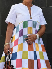 Loose Short Sleeves Printed Rainbow Plaid V-Neck Midi Dresses