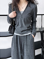 Buttoned Long Sleeves Hooded T-Shirts Top + Vest Top + Wide Leg Drawstring Elasticity Pants Bottom Three Pieces Set