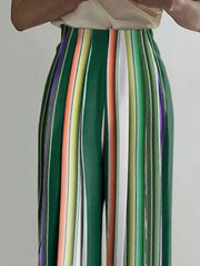 Contrast Color Split-Joint Striped High Waisted Wide Leg Trousers Pants