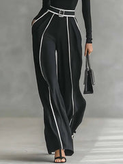 High Waisted Loose Belted Contrast Color Pockets Pants Trousers