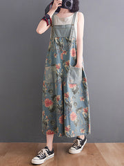 Buttoned Floral Printed Split-Joint Loose Oversize Overalls Ninth Pants