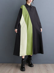 Asymmetric Buttoned Contrast Color Long Sleeves Loose Lapel Midi Dresses