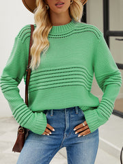 Hollow Solid Color Long Sleeves Loose Round-Neck Sweater Tops Pullovers Knitwear