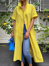 Buttoned Pockets Solid Color Loose Short Sleeves Stand Collar Outerwear Midi Dresses Blouses