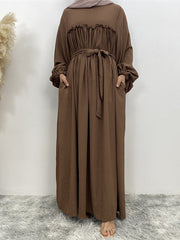Elasticity Muslim Pleated Solid Color Split-Joint Tied Waist Bishop Sleeve Long Sleeves Round-Neck Maxi Dresses