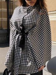 Houndstooth Tied Waist Batwing Sleeves Long Sleeves Stand Collar Outerwear Cape