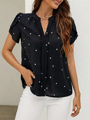 Pleated Polka-Dot Loose Short Sleeves V-Neck Blouses&Shirts Tops