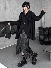 Buttoned Pleated Solid Color Split-Joint High-Low Irregularity Shirt Collar Blouses&Shirts Tops