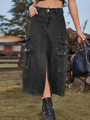 Pockets Split-Front Split-Joint A-Line Loose Denim Skirts