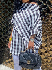 Asymmetric Buttoned Plaid Half Sleeves Loose One-Shoulder Blouses&Shirts Tops