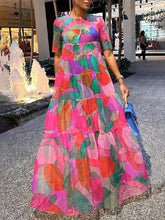 Contrast Color Printed Loose Short Sleeves Round-Neck Maxi Dresses