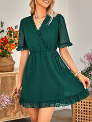 Jacquard Ruffled Solid Color A-Line Loose V-Neck Mini Dresses
