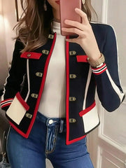 Buttoned Contrast Color Pockets Long Sleeves Mock Neck Outerwear Jackets