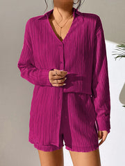 Loose Buttoned Long Sleeves Pleated Solid Color Lapel Shirts Top + Elasticity Shorts Bottom Two Pieces Set
