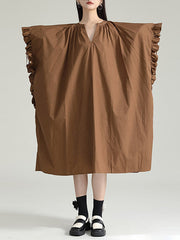 Adjustable Drawstring Pleated Solid Color Loose Raglan Sleeve V-Neck Shirt Dress Midi Dresses