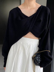 Knot Solid Color Batwing Sleeves Long Sleeves V-Neck Sweater Tops Pullovers