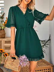 Jacquard Ruffled Solid Color A-Line Loose V-Neck Mini Dresses