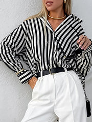 Split-Joint Striped Long Sleeves Loose Lapel Blouses