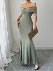 Solid Color Zipper Bodycon High Waisted Off-The-Shoulder Maxi Dresses