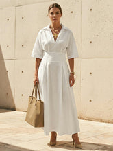 Buttoned Pleated Solid Color Split-Joint A-Line Elasticated Waist Lapel Shirt Dress Maxi Dresses