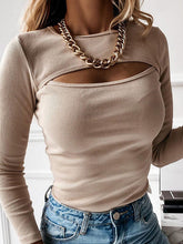 Hollow Solid Color Long Sleeves Skinny Round-Neck T-Shirts Tops
