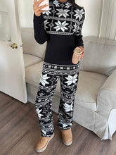 Loose Contrast Color Printed Split-Joint Striped Long Sleeves Half Turtleneck Blouses&Shirts Tops + Wide Leg Pants Two Pieces Set