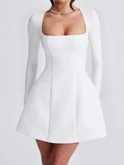 Solid Color Zipper A-Line Bodycon Square-Neck Mini Dresses