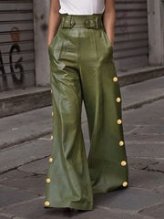 Belted Buttoned Solid Color Loose Wide Leg Trousers Casual Pants Bottoms