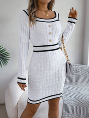 Buttoned Contrast Color Plaid Bodycon Long Sleeves Square-Neck Sweater Dresses Mini Dresses