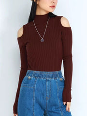 Hollow Solid Color Long Sleeves Skinny Mock Neck Sweater Tops Pullovers Knitwear
