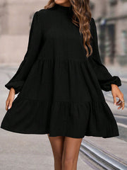Hollow Pleated Solid Color Split-Joint A-Line Long Sleeves Mock Neck Mini Dresses