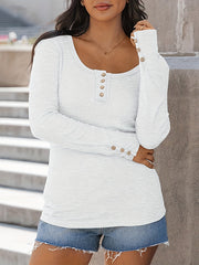 Buttoned Solid Color Long Sleeves Skinny Square-Neck T-Shirts