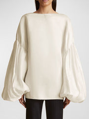 Elasticity Pleated Solid Color Split-Joint Long Sleeves Loose Round-neck Blouses&shirts Tops