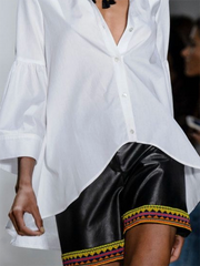 Buttoned Solid Color Flared Sleeves Long Sleeves Lapel Blouses&shirts Tops