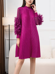 Embroidered Pleated Solid Color Long Sleeves Loose Round-neck Midi Dresses