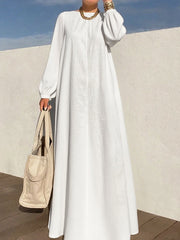 Pleated Solid Color Zipper Long Sleeves Loose Round-Neck Maxi Dresses
