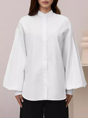 Pleated Solid Color Split-Joint Split-side Loose Puff Sleeves Stand Collar Blouses