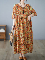Pleated Split-Joint Batwing Sleeves Loose Round-Neck Midi Dresses