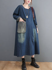 Artistic Retro Loose Denim Applique Round-Neck Long Sleeves Midi Dress