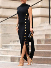 Solid Color Split-Side Loose Sleeveless Shawl Collar Maxi Dresses